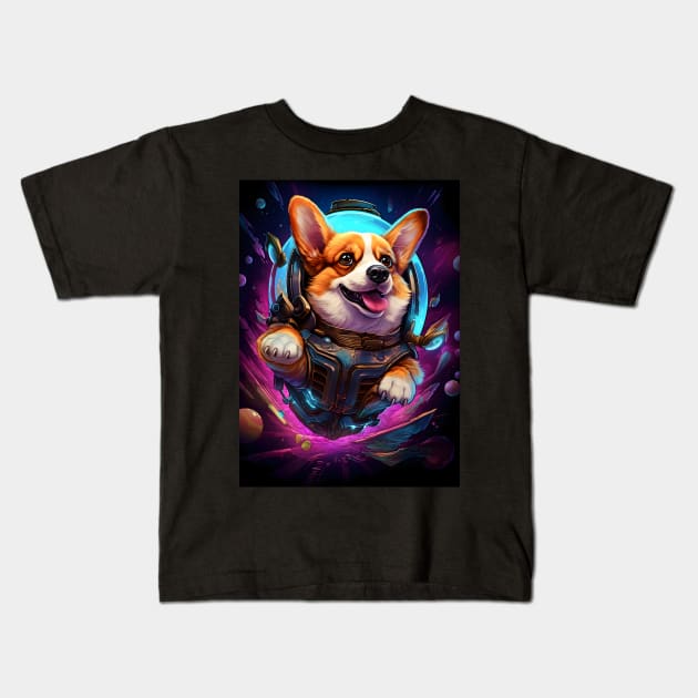 Corgi in Outer Space Funny Welsh Corgi Dog Lover Cyberpunk Kids T-Shirt by Ai Wanderer